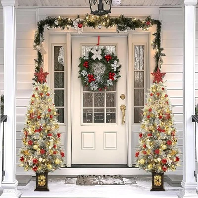 4.5 Ft Artificial Christmas Tree With 200 Warm White Lights And Red Berries Potted Base Holiday Xmas Tree - Image 2