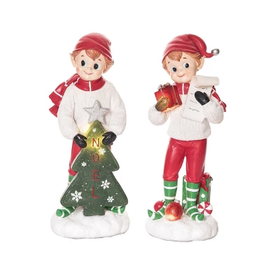 Transpac Vintage Light Up Elf Figurine Set Of 2 Christmas Home Decorations Resin Decorative Objects