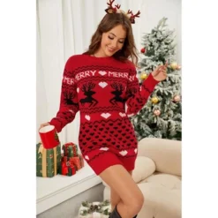 Coolmee Women's Knit Dresses Long Sleeve Casual Crew Neck Bodycon Dresses Jacquard Reindeer Slim Fit Fall Winter Christmas Outfits L Red