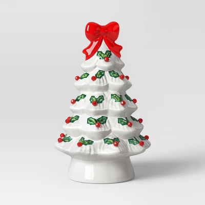 12" Lit Ceramic White Christmas Tree With Red Bow - Wondershop™ - Image 2