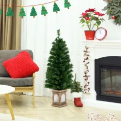 Costway 4 FT Pre-Lit Potted Christmas Tree Artificial Entrance Decor With 3 Lighting Modes
