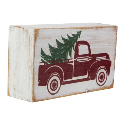 Northlight Wooden Block With Vintage Red Truck And Tree Christmas Decoration - 6"