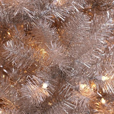 Puleo 6.5ft Pre-Lit Rose Gold Tinsel Artificial Christmas Tree: 300 Clear LED Lights, Hinged Branches, Metal Base, Indoor Use - Image 4
