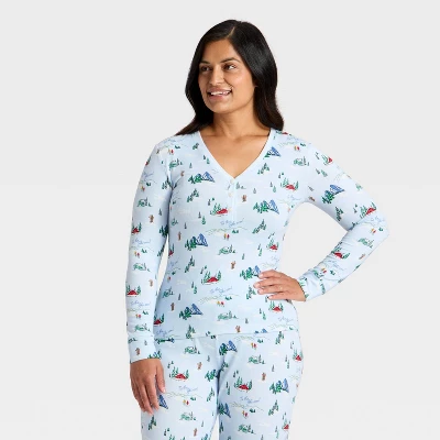 Women's "Tis The Ski-son!" Cozy Knit Long Sleeve Henley Holiday Matching Family Pajama Shirt - Wondershop™ Blue - Image 4