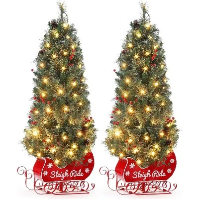 Christmas Tree With 85 Lights, Pre-Lit Artificial Mini Christmas Tree With 8 Mode Includes Red Berries & Sleigh Base For Front Door, Porch - Image 6