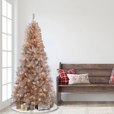 Puleo 6.5ft Pre-Lit Rose Gold Tinsel Artificial Christmas Tree: 300 Clear LED Lights, Hinged Branches, Metal Base, Indoor Use - Image 3