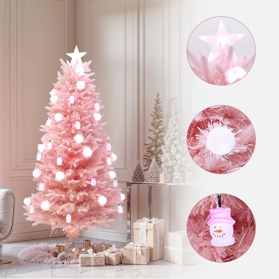 LuxenHome 6Ft Pink Cherry Blossom Christmas Tree With Fiber Optic Lights & Snowman Star Topper