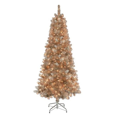 Puleo 6.5ft Pre-Lit Rose Gold Tinsel Artificial Christmas Tree: 300 Clear LED Lights, Hinged Branches, Metal Base, Indoor Use - Image 2
