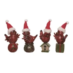 Transpac Set Of 4 Cute Sitting Cardinal Home Decorations With Hat Resin Christmas Decor