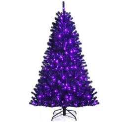 Tangkula Artificial Tree, Black Halloween Tree W/ Purple LED Lights