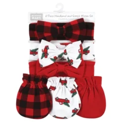 Hudson Baby Infant Girl Cotton Headband And Scratch Mitten Set, Christmas Tree Truck, 0-6 Months