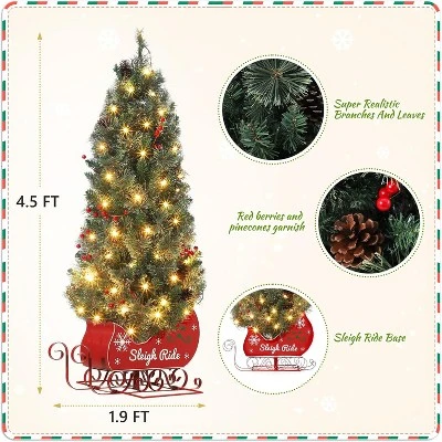 Christmas Tree With 85 Lights, Pre-Lit Artificial Mini Christmas Tree With 8 Mode Includes Red Berries & Sleigh Base For Front Door, Porch - Image 2