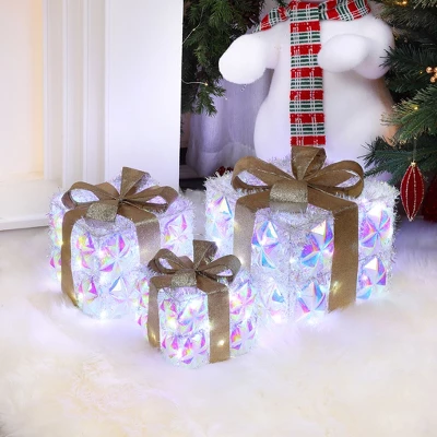 LuxenHome 3-Piece Prism Gift Boxes With Gold Ribbon Holiday Decoration With Lights Multicolored, Gold, White - Image 2