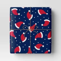 30" 50 Sq Ft Christmas Roll Wrap Santa Hats On Navy - Wondershop™