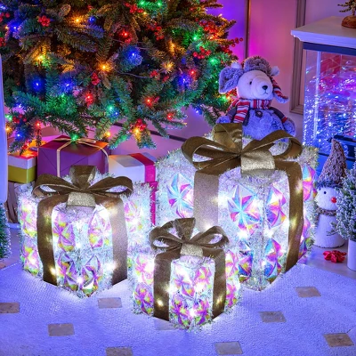 LuxenHome 3-Piece Prism Gift Boxes With Gold Ribbon Holiday Decoration With Lights Multicolored, Gold, White - Image 4