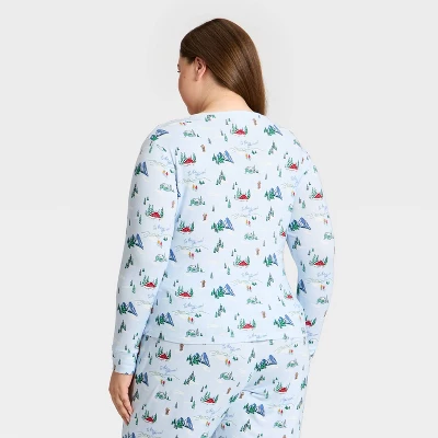 Women's "Tis The Ski-son!" Cozy Knit Long Sleeve Henley Holiday Matching Family Pajama Shirt - Wondershop™ Blue