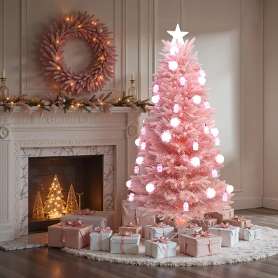 LuxenHome 6Ft Pink Cherry Blossom Christmas Tree With Fiber Optic Lights & Snowman Star Topper - Image 8