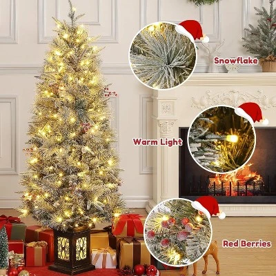 4.5 Ft Artificial Christmas Tree With 200 Warm White Lights And Red Berries Potted Base Holiday Xmas Tree - Image 5