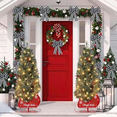 Christmas Tree With 85 Lights, Pre-Lit Artificial Mini Christmas Tree With 8 Mode Includes Red Berries & Sleigh Base For Front Door, Porch - Image 4