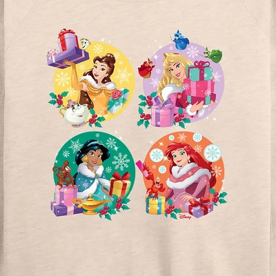 Women's - Disney - Princess Christmas Grid Lightweight French Terry Wide Neck Long Sleeve Graphic Shirt