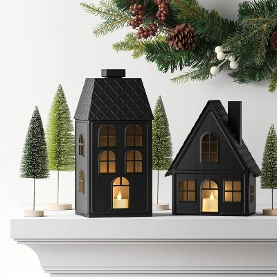 11" Lit Metal House Christmas Village Building - Wondershop™ Black: Indoor Tabletop Decorative Object, Battery-Powered