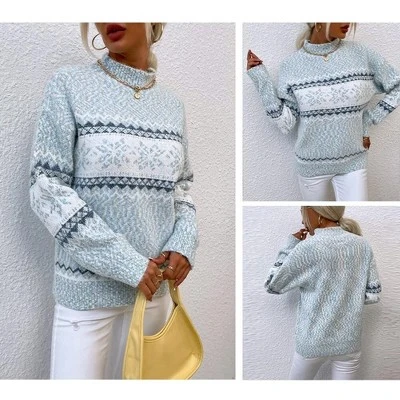 Womens Pullover Sweater Turtleneck Snowflakes Sweater Christmas Sweater Ribbed Knit Long Sleeve Sweater - Image 2