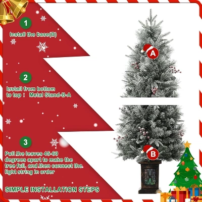 4.5 Ft Artificial Christmas Tree With 200 Warm White Lights And Red Berries Potted Base Holiday Xmas Tree - Image 4