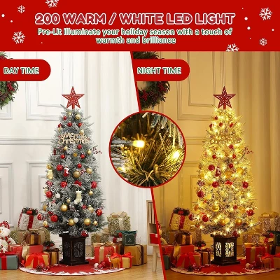 4.5 Ft Artificial Christmas Tree With 200 Warm White Lights And Red Berries Potted Base Holiday Xmas Tree - Image 3