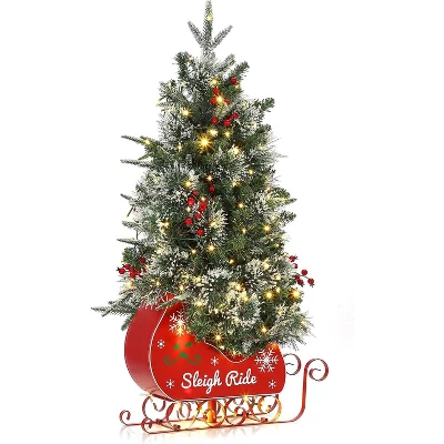 Christmas Tree With 85 Lights, Pre-Lit Artificial Mini Christmas Tree With 8 Mode Includes Red Berries & Sleigh Base For Front Door, Porch - Image 7