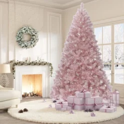 Pre-Lit Rose Gold Christmas Tree — 150 Warm White LEDs, Sparkling Tinsel, Sturdy Metal Stand, Indoor Holiday Accent