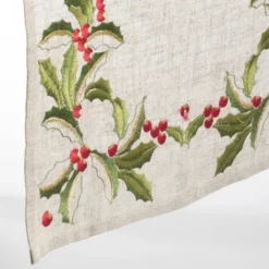 Saro Lifestyle 16"x54" Embroidered Holly Design Table Runner Natural