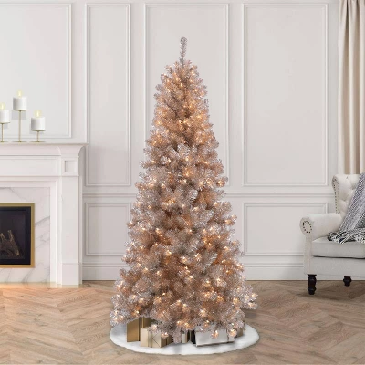 Puleo 6.5ft Pre-Lit Rose Gold Tinsel Artificial Christmas Tree: 300 Clear LED Lights, Hinged Branches, Metal Base, Indoor Use