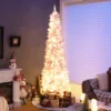 Costway 7FT Pre-Lit Snow Flocked Hinged Pencil Christmas Tree W/ 300 Lights & 8 Modes