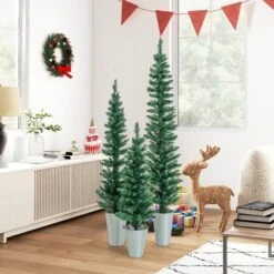 Costway Potted Artificial Christmas Tree Set Of 3 With 3/4/5 FT Faux Slim Pencil Trees